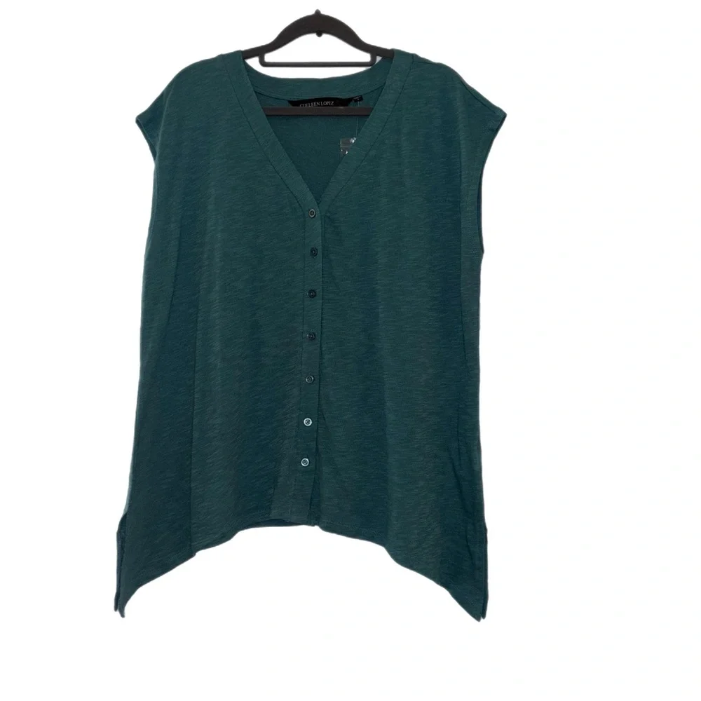Colleen Lopez Green Cap Sleeve Boxy Button Down Shirt - Picture 2 of 8